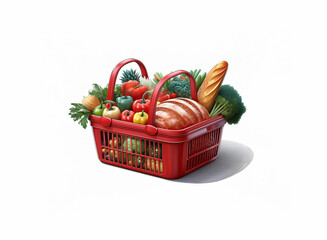 A red plastic shopping basket overflowing with fresh produce, bread, and meat.  A healthy and diverse selection of groceries ready for cooking.