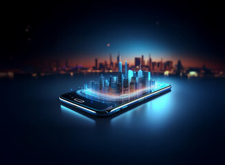 A futuristic cityscape, rendered in vibrant blue hues, hovers above a sleek, dark smartphone.  The scene evokes a sense of technological advancement and mobile connectivity.