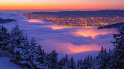 Obraz premium City lights glowing through a sea of fog, viewed from snowy mountaintop at sunset.