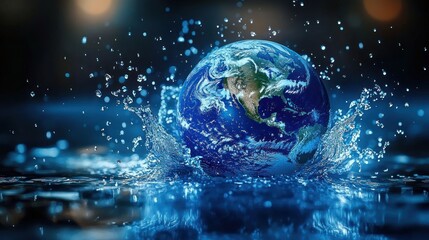 Earth Emerging from Water Splash Representing Global Water Resources and Sustainability
