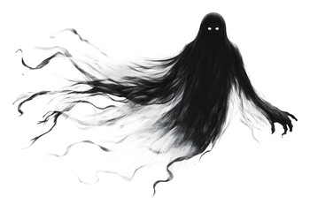 Mysterious ghost figure with glowing eyes in dark, cut out - stock png.