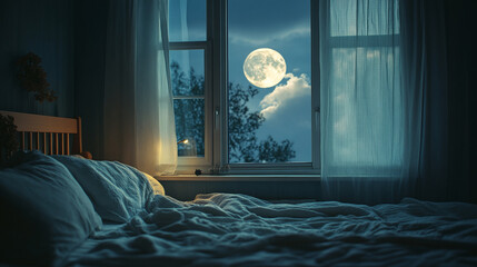 Tranquil moonlight window bedroom, serene night blanket insomnia awake, restless sleepless curtain peaceful pillow, cozy comfortable relaxing, dreamy quiet soothing.