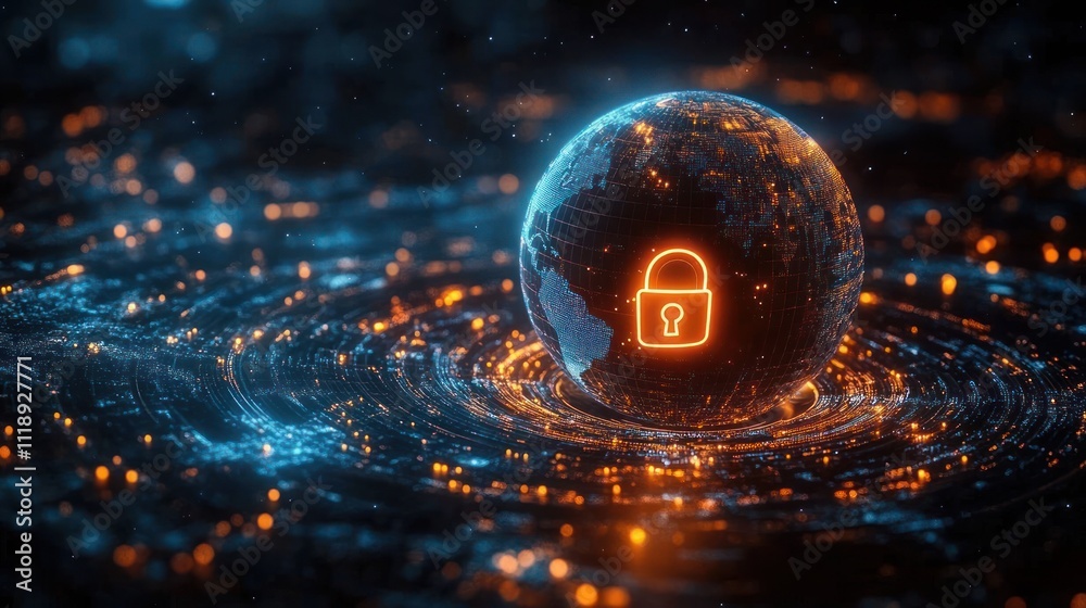 Poster futuristic digital globe with glowing lock symbol for global cybersecurity and digital protection