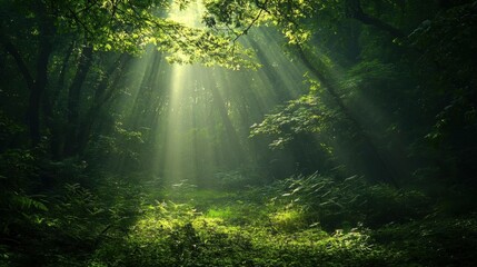 Obraz premium A serene forest scene illuminated by sunlight filtering through the trees.