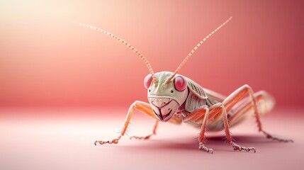 Detailed Close-Up of a Grasshopper on a Soft Pink Background