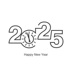 Happy New Year 2025 clock countdown black line design numbers on white isolated background vector logo icon