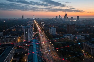 Fototapeta premium The evening city is highlighted with red and blue lines. The concept of total control by artificial intelligence over the movement of vehicles and people