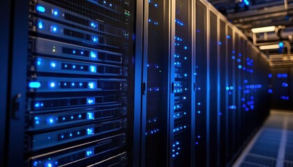 A row of server racks illuminated with blue lights in a data center.