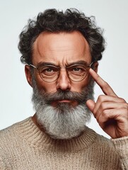 Obraz premium Let me think. Serious unshaven man with beard and mustache, keeps index finger on temple, recollect something in mind, wears optical glasses, isolated on white background, remembers information