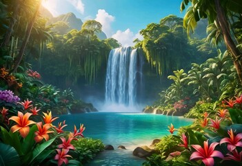Naklejka premium Beautiful and Peaceful Nature Scenery Illustration Landscape Countryside Tranquil Vibrant and Colorful