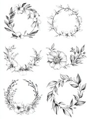 Minimal botanical wedding frame elements on white background. Set of wreath, flowers, leaf branches in hand drawn pattern. Foliage line art design for wedding, card, invitation, greeting, logo.
