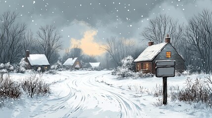 Naklejka premium A winter scene sketch featuring snow, woods, and houses drawn in silhouette