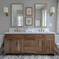 Elegant Modern Bathroom with Double Vanity, Wooden Cabinets, Brass Fixtures and Dual Mirrors Featuring Soft Lighting and Decorative Plants for a Cozy and Stylish Ambiance.