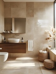 Modern Minimalist Bathroom with Wooden Vanity, Large Mirror, Indoor Plants and Natural Light Creating a Serene and Stylish Space.