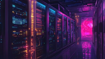 Futuristic server room with glowing panels and digital displays.