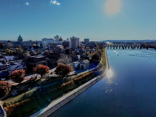 A drone shot of a city by the water