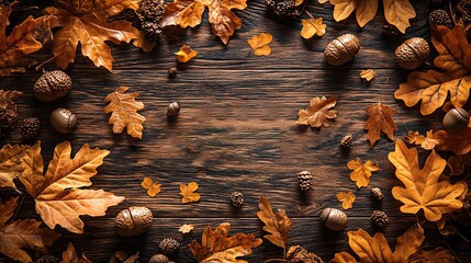 A wooden background with autumn leaves and acorns, featuring the text Hello October in white on an orange banner
