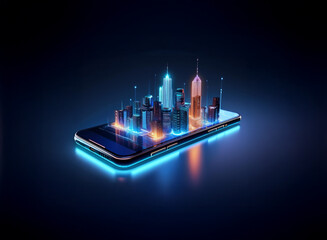 Fototapeta premium A futuristic cityscape, rendered in vibrant neon hues, sits atop a sleek smartphone, illustrating the concept of mobile connectivity and urban technology.