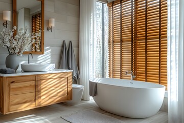 Modern Bathroom Design with Freestanding Bathtub, Wooden Vanity and Large Windows with Wooden Blinds.