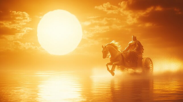 Helios riding a chariot through the sunrise, symbolizing the dawn of a new year with soft golden light and a minimalist background