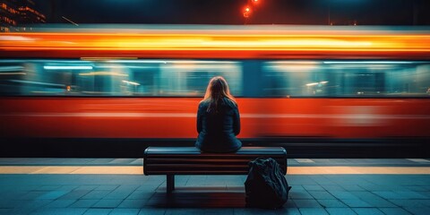 Obraz premium woman with baggage waiting for train at station dynamic motion blur with speeding train background