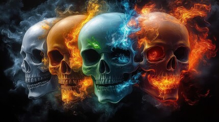Skulls Fire Flames Colorful Digital Art Surreal Illustration