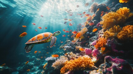 Fototapeta premium Here's a and keyword list for your stock photo.. Sea turtle gracefully swims through vibrant coral reef, sunbeams illuminating the scene.