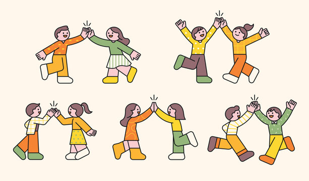 Small and cute friends are cheering each other on with high fives. outline simple vector illustration.
