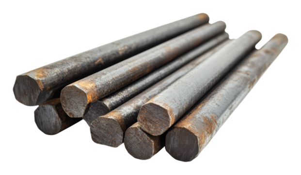 Heavy steel bars stacked for construction use, cut out - stock png.