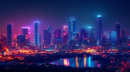 Vibrant city skyline at night, reflecting in water.