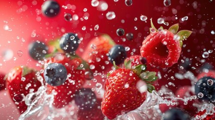 Fresh berries splashing in water, creating a vibrant and refreshing scene.