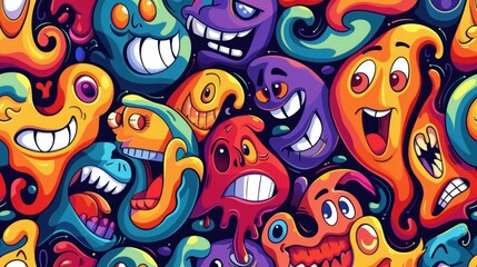 Colorful, whimsical faces with exaggerated expressions in a vibrant design.