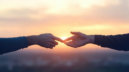 Two hands reaching towards each other at sunset, symbolizing connection, love, and unity against a beautiful backdrop.