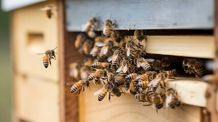 Bees working on a honeycomb in a beekeeping environment with natural honey production, Close up of bees working in the bee hive. Entrance. Close up view of the working bees on honey cells