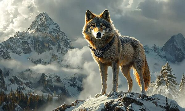 A majestic wolf stands on a rocky outcrop with mountains in the background, evoking nature's beauty.