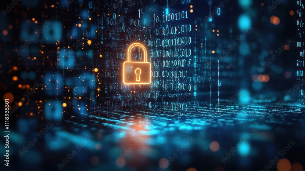 Aufkleber Futuristic Digital Landscape with Glowing Padlock and Binary Code Cyberpunk Style