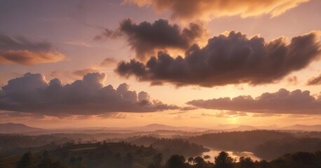 Fototapeta premium A serene sunset scene features a soft focus on the cloudy sky with warm golden tones, natural, clouds