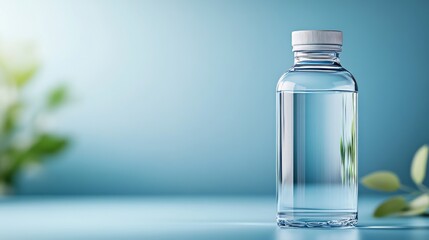 Transparent Water Bottle Filled with Plain Water on Blue Background