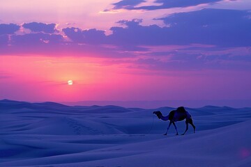 A camel walks through serene sand dunes at sunset.