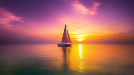 A serene sunset over calm waters with a sailboat in the foreground.