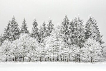 A serene winter landscape featuring snow-covered trees and a foggy sky.