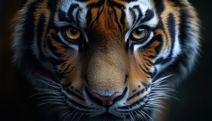 Close-up of tiger eyes with intense focus and dark background