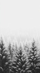 A serene winter landscape featuring snow-covered evergreen trees.