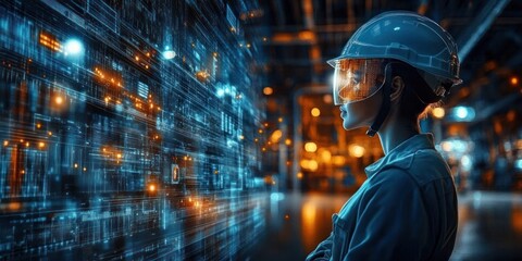 Futuristic Industrial Technology Worker in Safety Helmet with Holographic Data Visualizations and Smart Automation Concept