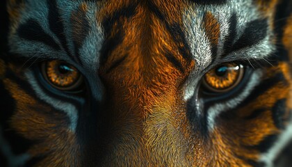 Close-up of tiger eyes with intense focus and dark background