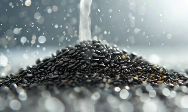 Close-up of chia seeds with water droplets falling.