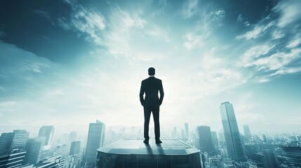 Businessman standing confidently on a large business icon, symbolizing success and professional achievement.