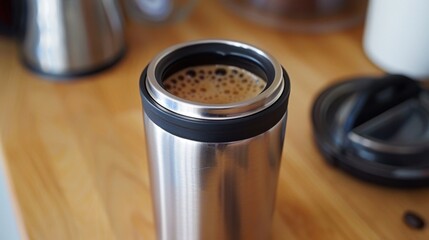 Sustainable Travel Mug: A stainless steel reusable travel mug that keeps drinks hot while reducing single-use plastic waste for a greener lifestyle.
