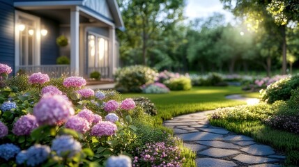 Obraz premium Serene Garden Path at Sunset: A Dream Home Landscape
