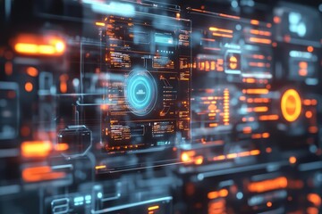 Obraz premium Futuristic digital interface with glowing elements and data visualizations.